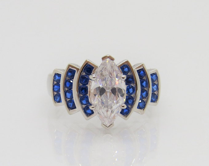 Vintage Sterling Silver White Topaz & Blue Sapphire Ring Size 9