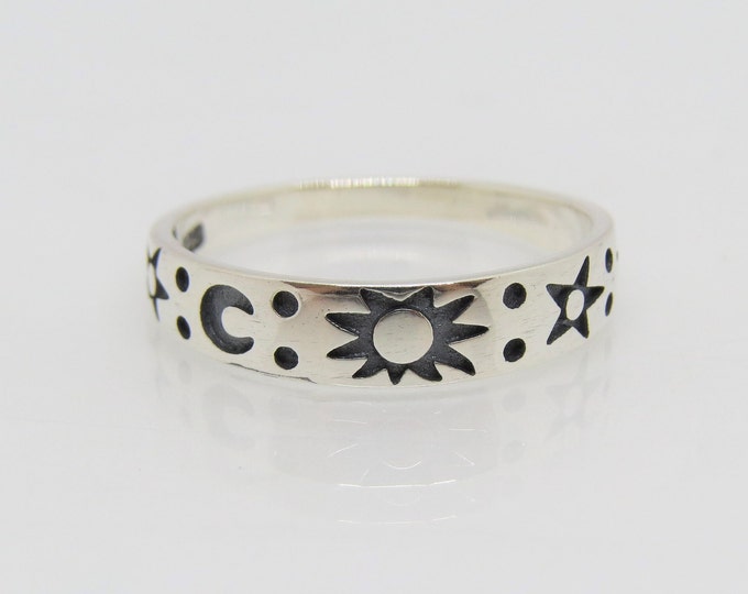 Sterling Silver Carved Sun, Moon & Stars Band Ring Size 7