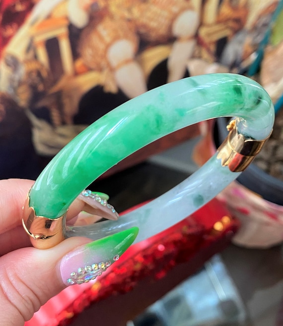 Vintage 18K Solid Yellow Gold Translucent Green, … - image 9