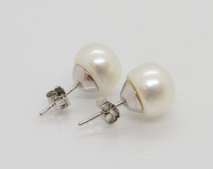 Vintage Sterling Silver White Pearl Stud Earrings 10MM
