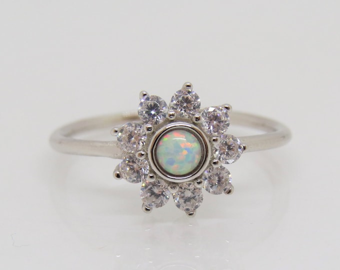 Vintage Sterling Silver White Opal & White Topaz Flower Ring Size 7