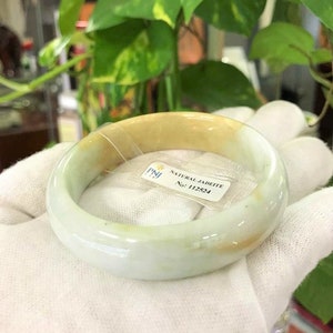Translucent Natural Green White, Honey Jadeite Jade Vintage Bangle Bracelet 58MM