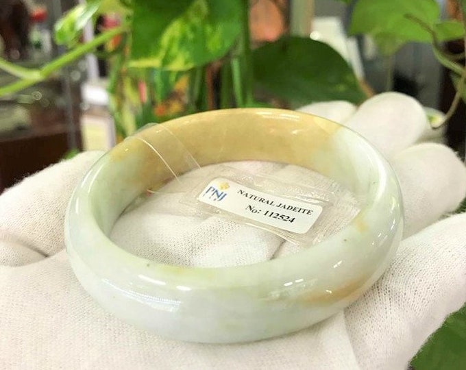Translucent Natural Green White, Honey Jadeite Jade Vintage Bangle Bracelet 58MM