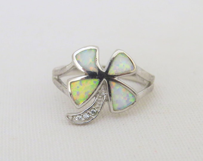 Vintage Sterling Silver Fire Opal & White Topaz Palm Tree Ring Size 5