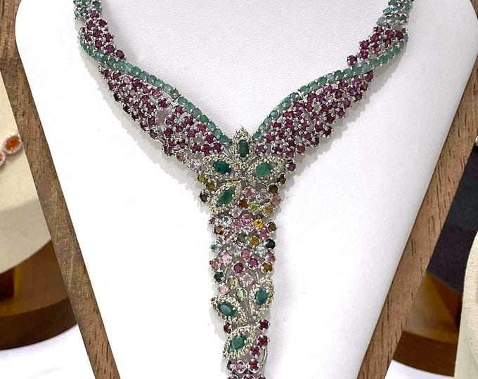 Vintage Sterling Silver Natural Emerald, Rhodolite, Tourmaline & Yellow Sapphire Chain Necklace 18''