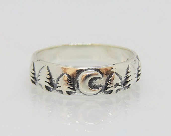 Vintage Sterling Silver Moon, Tree Band Ring Size 7