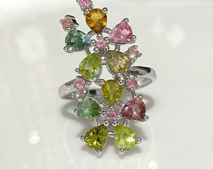 Vintage Sterling Silver Natural Tourmaline Flowers Ring Size 8