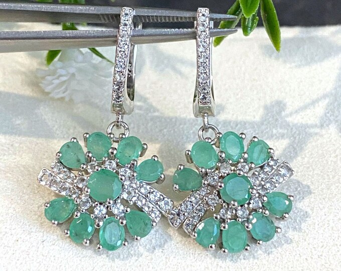 Vintage Sterling Silver Natural Emerald & White Sapphire Flower Earrings.