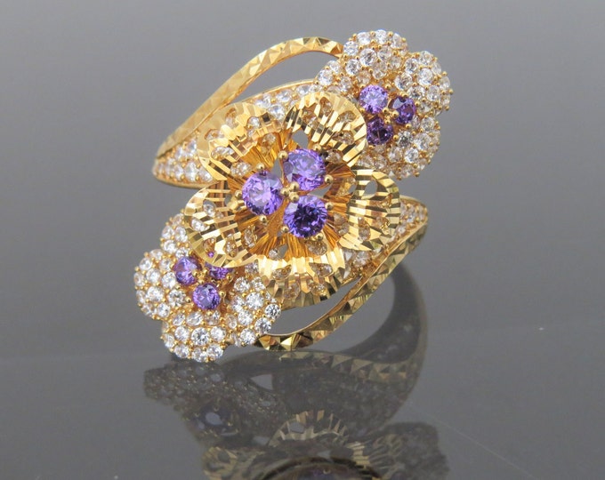 Vintage 18K Solid Yellow Gold White Topaz & Amethyst Flowers Ring Size 6.75
