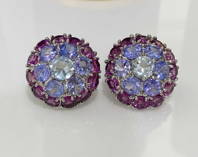 Vintage Sterling Silver Natural Tanzanite, Aquamarine & Rhodolite Cluster Earrings.