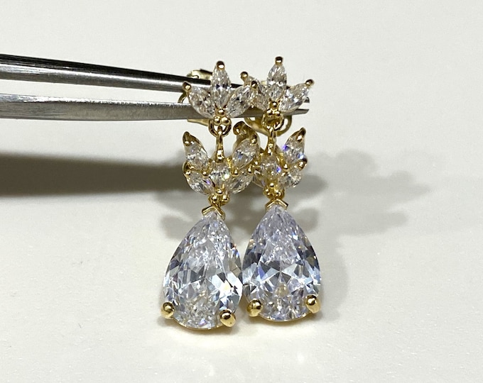 14K Solid Yellow Gold White Sapphire Dangle Earrings.
