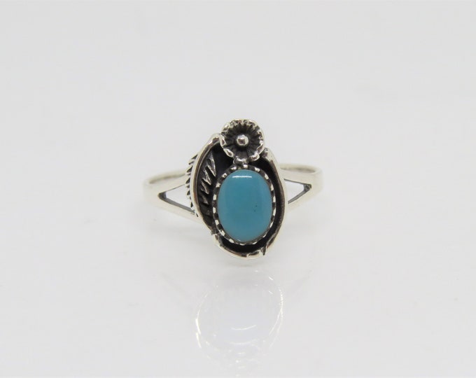 Vintage Sterling Silver Turquoise Flower leaf Ring Size 6.75