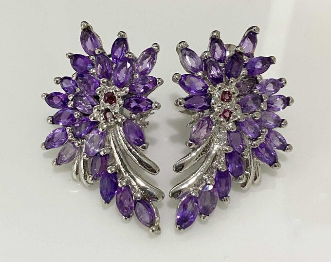 Vintage Sterling Silver Natural Marquise Cut Amethyst & Rhodolite Earrings.
