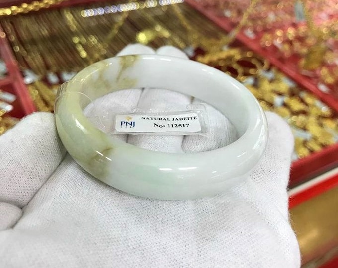 Translucent Natural Green White, Honey Jadeite Jade Vintage Bangle Bracelet 54.7MM