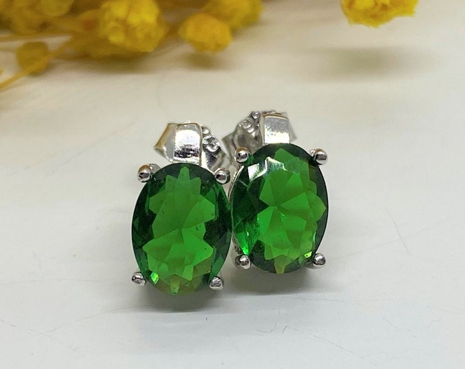 Vintage Sterling Silver Oval cut Emerald Earrings.