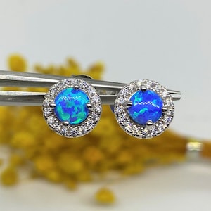 Vintage Sterling Silver Blue Opal & White Topaz Halo Earrings.