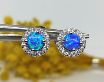 Vintage Sterling Silver Blue Opal & White Topaz Halo Earrings.