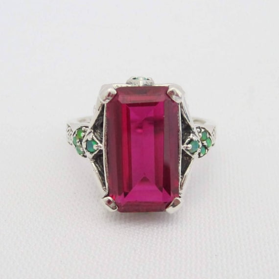 Vintage Sterling Silver Ruby & Green Opal Ring Si… - image 1