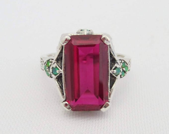 Vintage Sterling Silver Ruby & Green Opal Ring Size 9