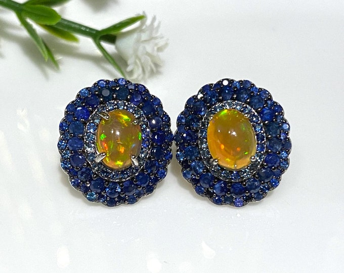 Vintage Sterling Silver Natural Fire Opal & Blue Sapphire Earrings.