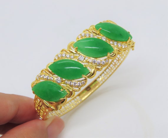 Vintage 18K Solid Gold Translucent Green Jadeite … - image 5