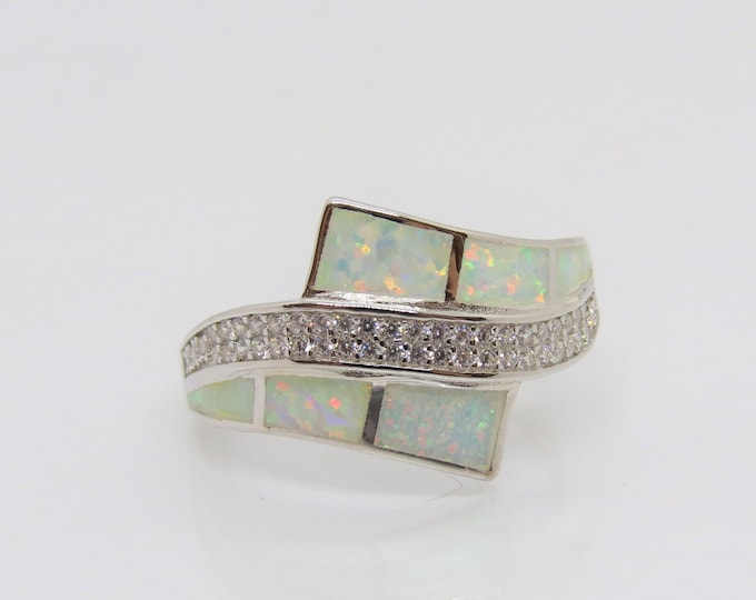 Vintage Sterling Silver White Opal & White Topaz Bypass Ring Size 7