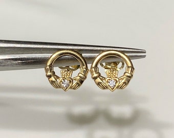 Vintage 14K Solid Yellow Gold White Topaz Claddagh Tiny Stud Earrings.