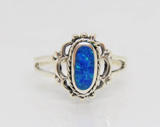 Vintage Sterling Silver Blue Opal Filigree Ring Size 8