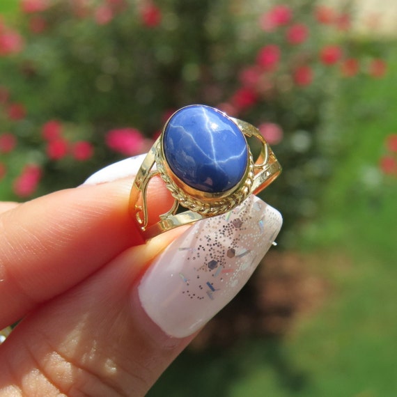 Vintage 18K Solid Yellow Gold Star Blue Sapphire … - image 1