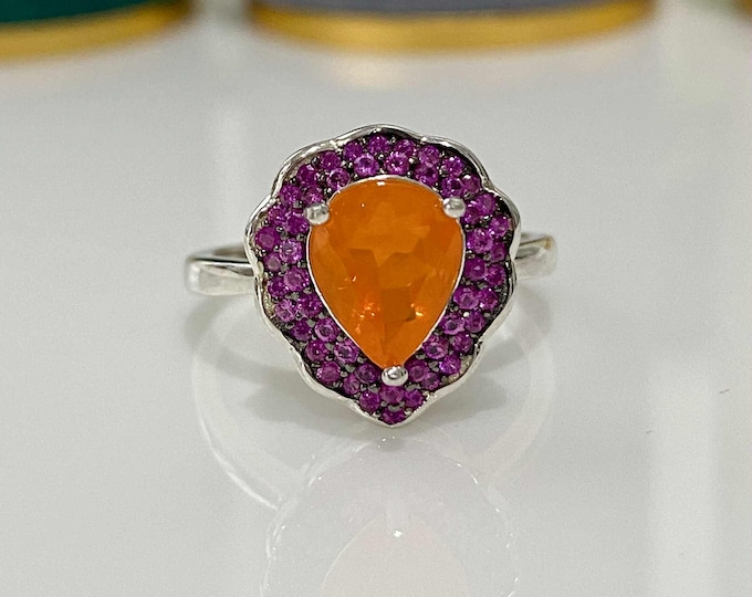 Vintage Sterling Silver Natural Orange Opal & Pink Sapphire Ring Size 6 3/4