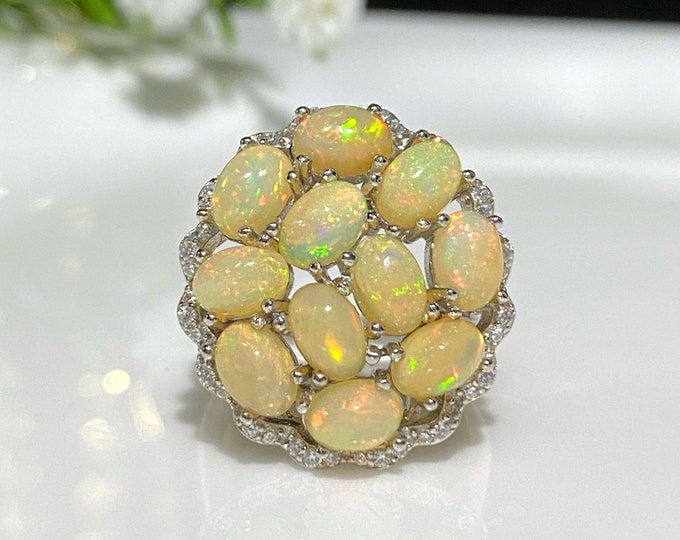 Vintage Sterling Silver Natural Fire Opal & White Topaz Ring Size 7