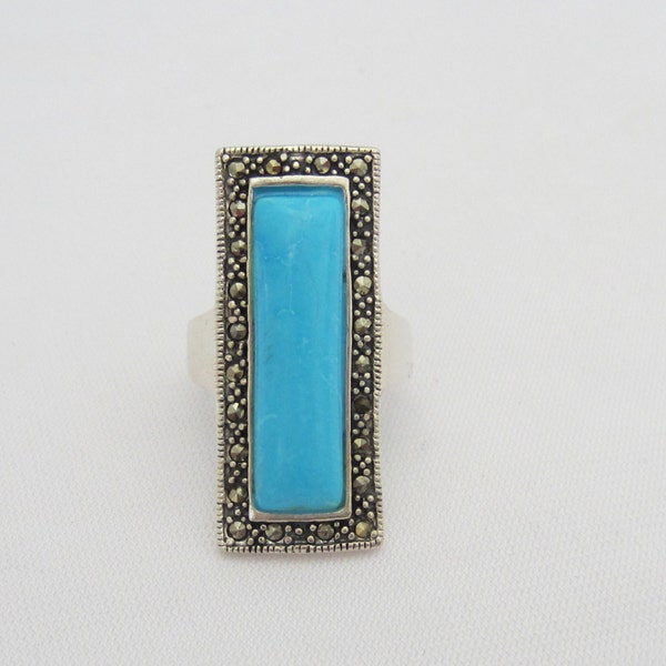 Vintage Sterling Silver Turquoise & Marcasite Long Ring Size 8