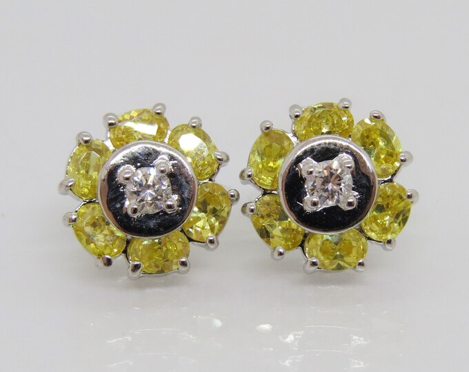 Vintage Sterling Silver Citrine & White Topaz Flower Earrings