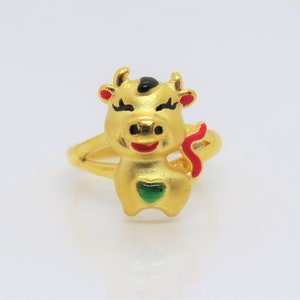 24K 9999 Pure Gold Enamel OX, Cow Zodiac Vintage Ring Size 6.5