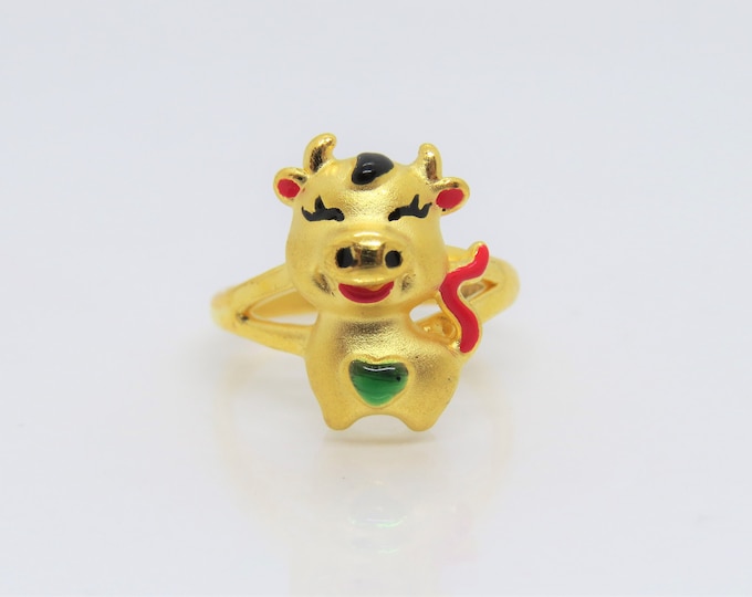 24K 9999 Pure Gold Enamel OX, Cow Zodiac Vintage Ring Size 6.5