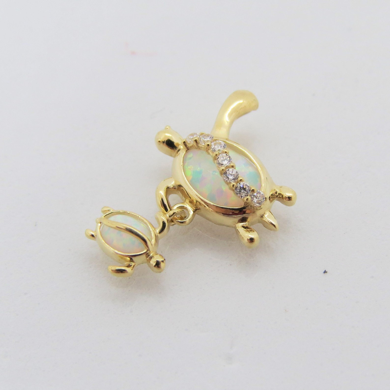 Turtle Shell Opal Vintage 14K Solid Yellow Gold White Opal & White Topaz Turtles Charm ...
