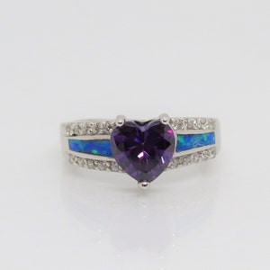 Sterling Silver Heart cut Amethyst, Blue Opal & White Topaz Ring Size 8