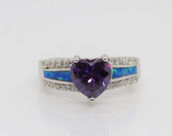 Sterling Silver Heart cut Amethyst, Blue Opal & White Topaz Ring Size 8