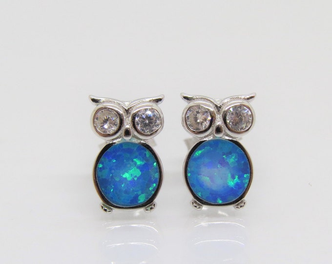 Vintage Sterling Silver Blue Opal & White Topaz Owl Stud Earrings