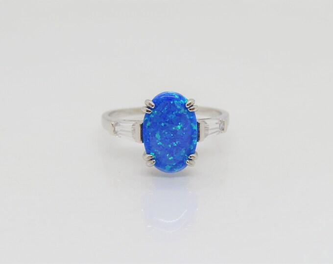 Vintage Sterling Silver Blue Opal & White Topaz Ring Size 8