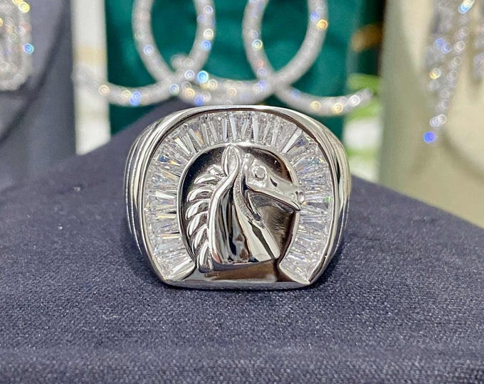 Sterling Silver White Topaz Horseshoe Men's Ring Size 9