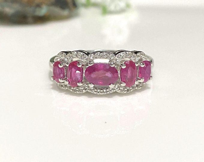 Vintage Sterling Silver Natural Ruby & White Topaz Ring Size 8 3/4