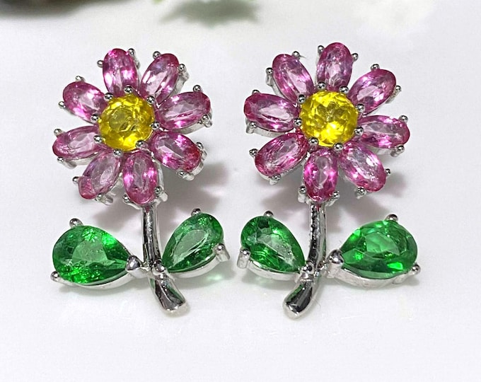 Vintage Sterling Silver Natural Citrine & Pink Topaz, Tsavorite Flower Earrings.
