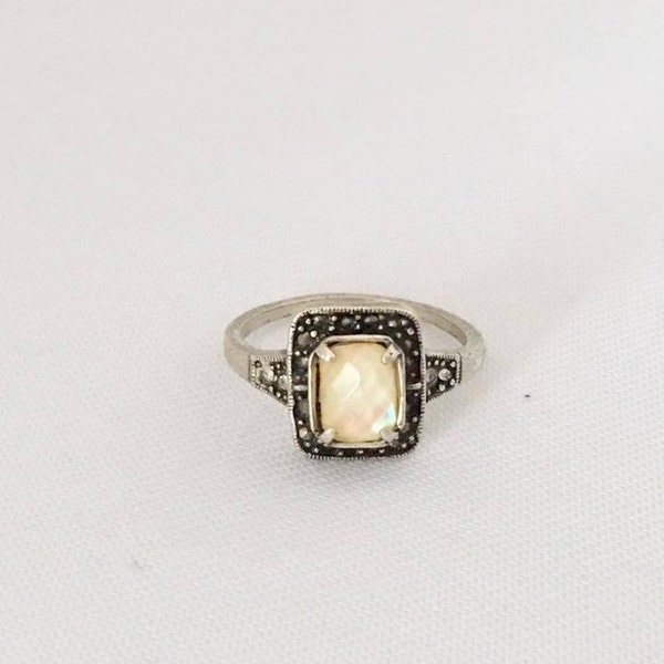 Vintage Sterling Silver Rhinestone, Marcasite & Faceted Moonstone Ring Size 9