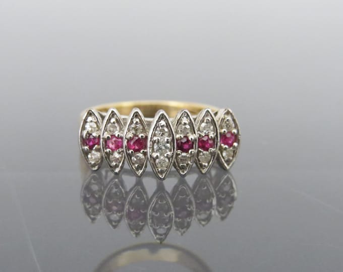Vintage Marquise Style 21 Genuine Diamond & Ruby Ring .42ct 14K Yellow Gold Size 6