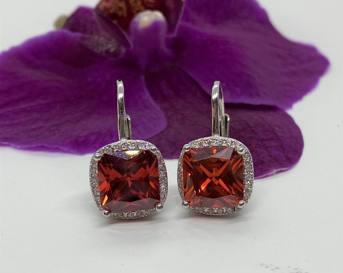 Vintage Sterling Silver Cushion cut Orange Opal & White Topaz Earrings.