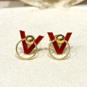 Vintage 18K Solid Yellow Gold Red Enamel V Stud Earrings.