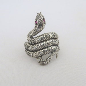 Vintage Sterling Silver White Topaz & Ruby eyes Snake Ring Size 8