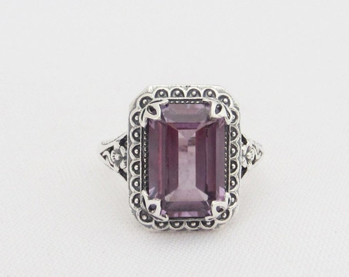 Vintage Sterling Silver Alexandrite Carved Flower Ring Size 10