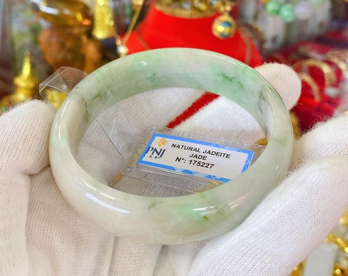 Translucent Natural Green, White & Brown Jadeite Jade Vintage Bangle Bracelet 59MM